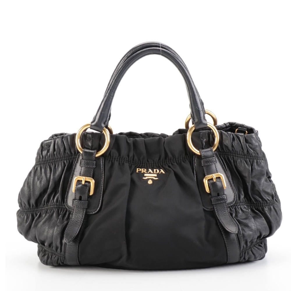 Prada Shopper Tote Bag in Black Gaufre Lambskin and Nylon Tessuto